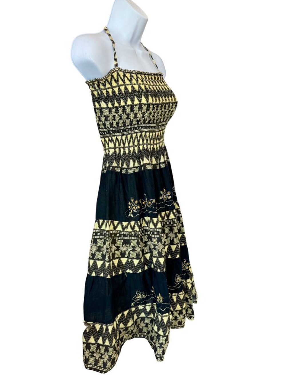 Bohemian Black Yellow Raya Sun Sundress with Embroidery and Spaghetti Straps Med
